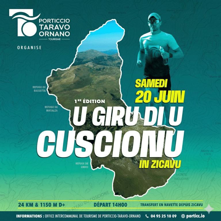 Affiche de la course de trail U Giru di u Cuscionu à Zicavo - 1ère édition - 24 km et 1150m D+ le samedi 20 juin 2026.